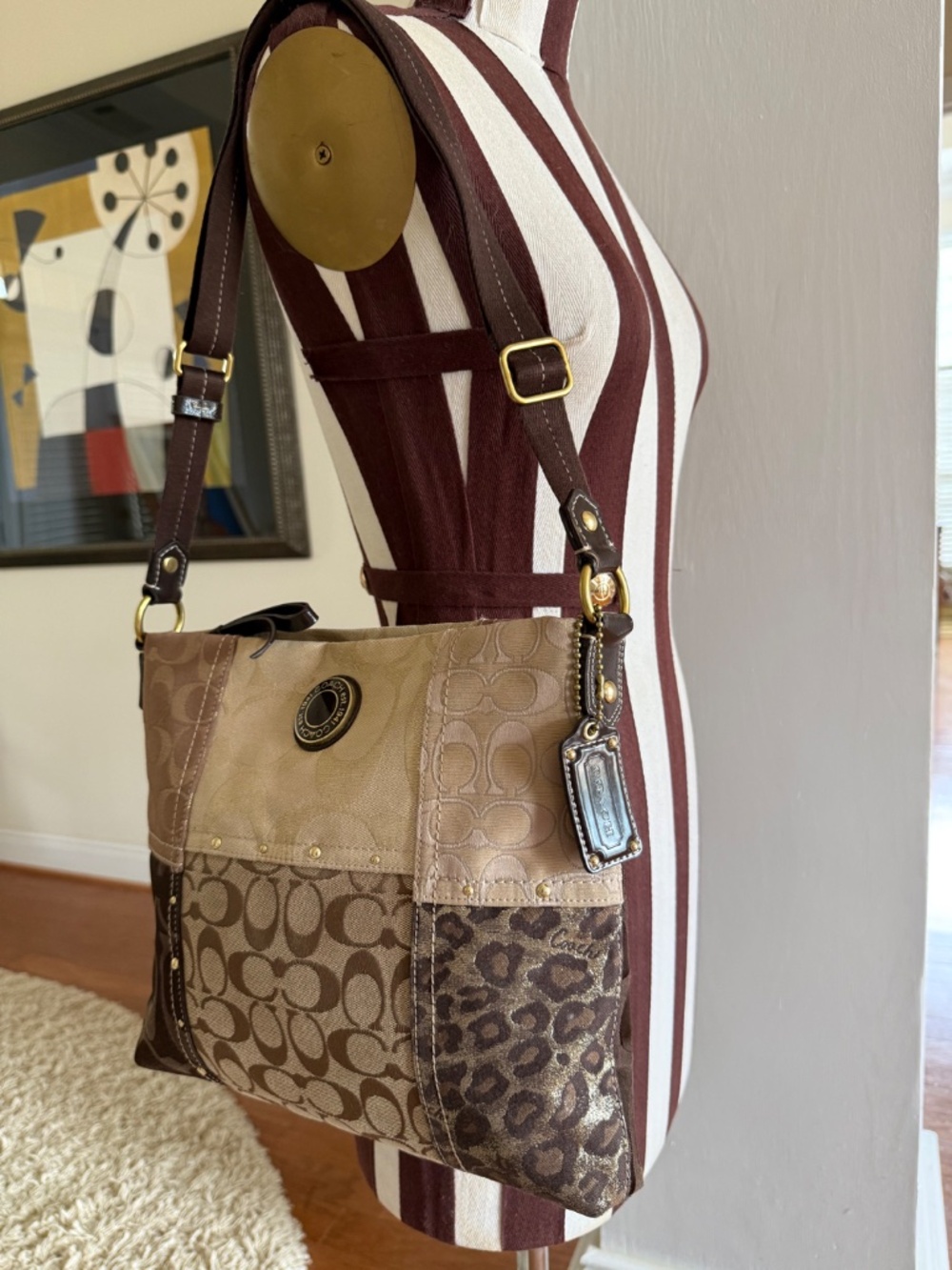 COACH Signature Patchwork Studded Demi File Crossbody Bag F20348 Brown Beige